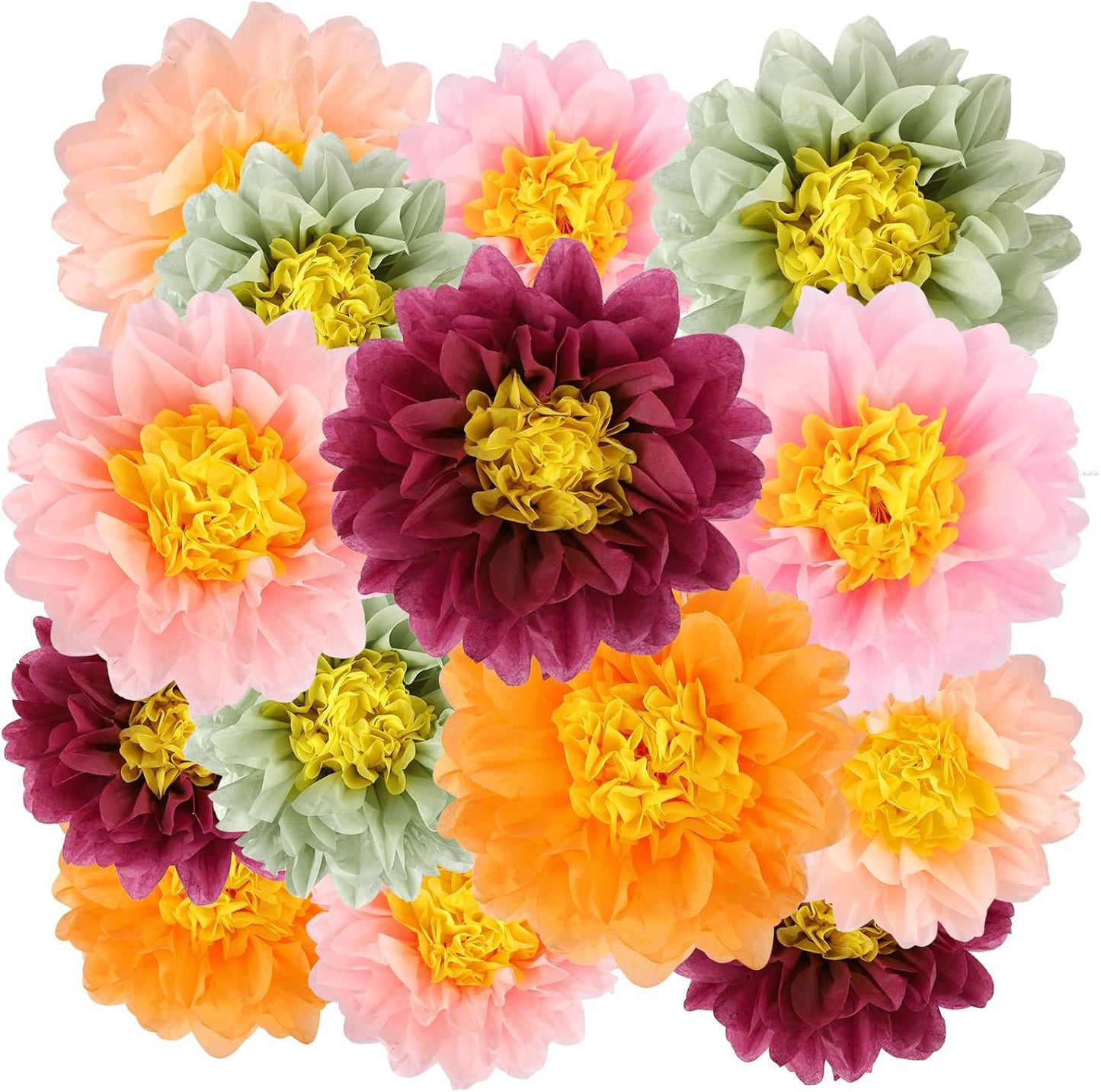 BestoFun 14 PCS Orange & Hot Pink Tissue Paper Flowers – Vibrant Party Decorations for Birthday, Baby Shower, Wedding, Fiesta, and Holiday Events