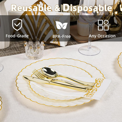 Lullaby 60PCS Ivory Scalloped Plastic Plates with Gold Rim, Disposable Elegant Plates Include 30pcs Dinner Plate 10.25", 30pcs Plastic Dessert Plate 7.5", Perfect for Wedding and Party