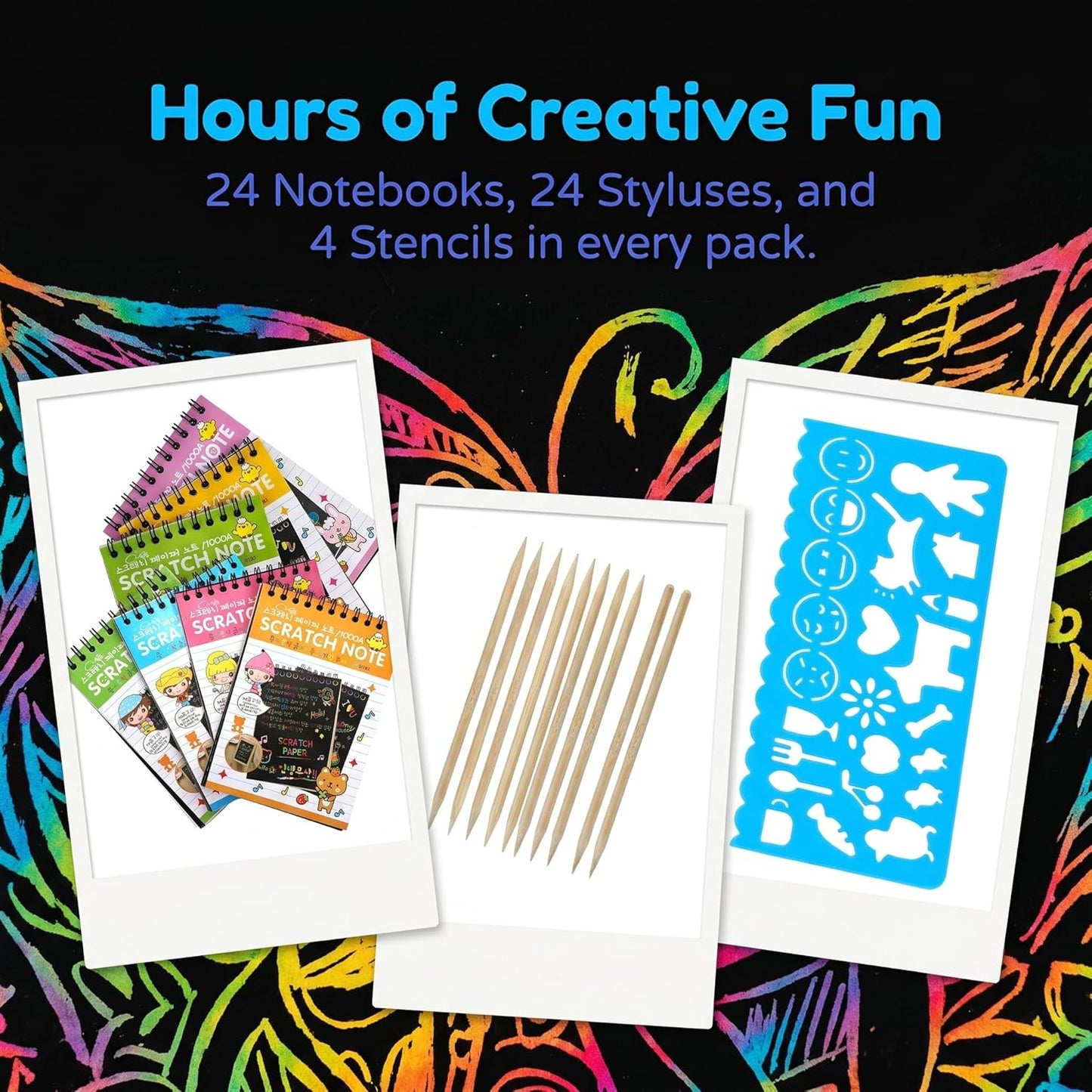 Suwimut 24 Pack Scratch Paper Art for Kids, Scratch Off Notebook Black Coloring Books with 24 Wooden Stylus & 4 Drawing Stencils for Age 4-12 Boys Girls Party Favor Halloween Christmas Birthday Gift
