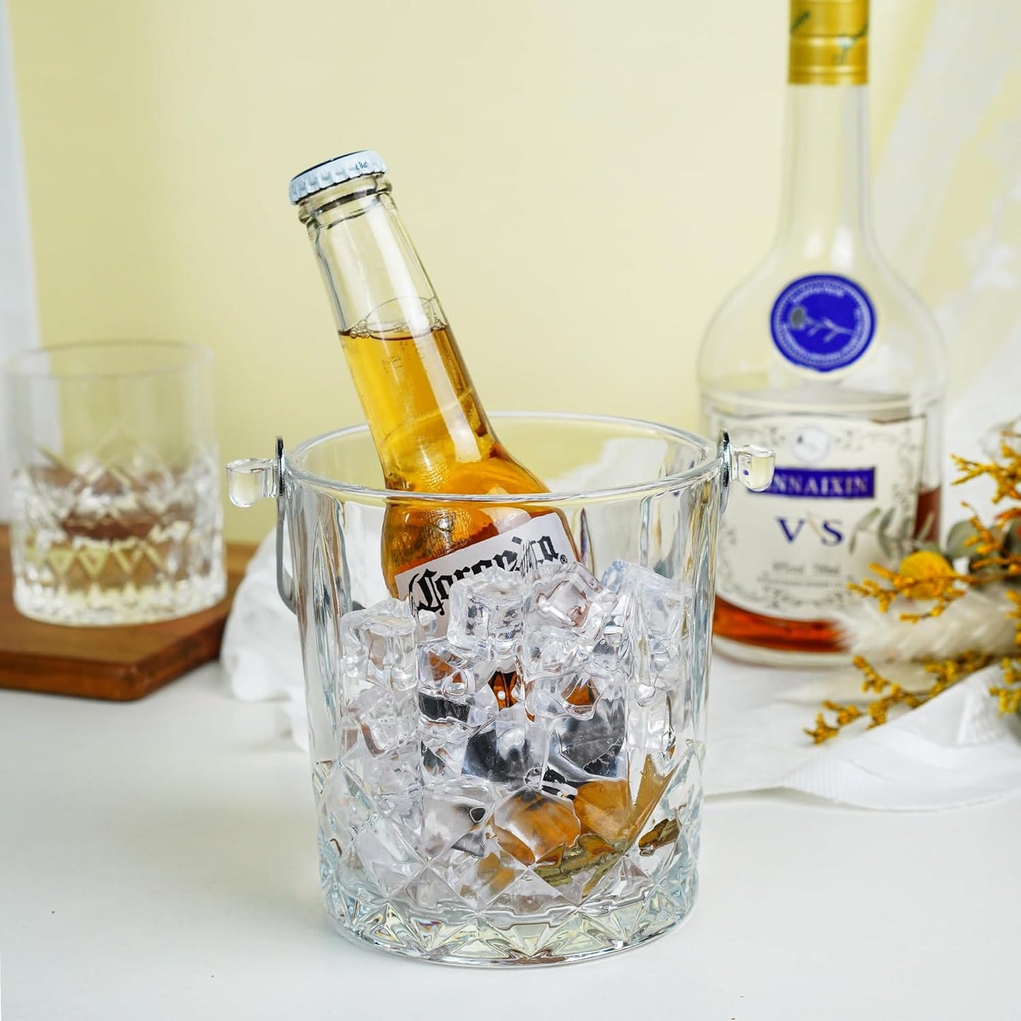 Glass Ice Bucket with Handle and Ice Tong Holds 37oz of Ice Clear Crystal Ice Buckets for Cocktail Bar Wine Home Bar Accessories Parties Clear Champagne Bucket