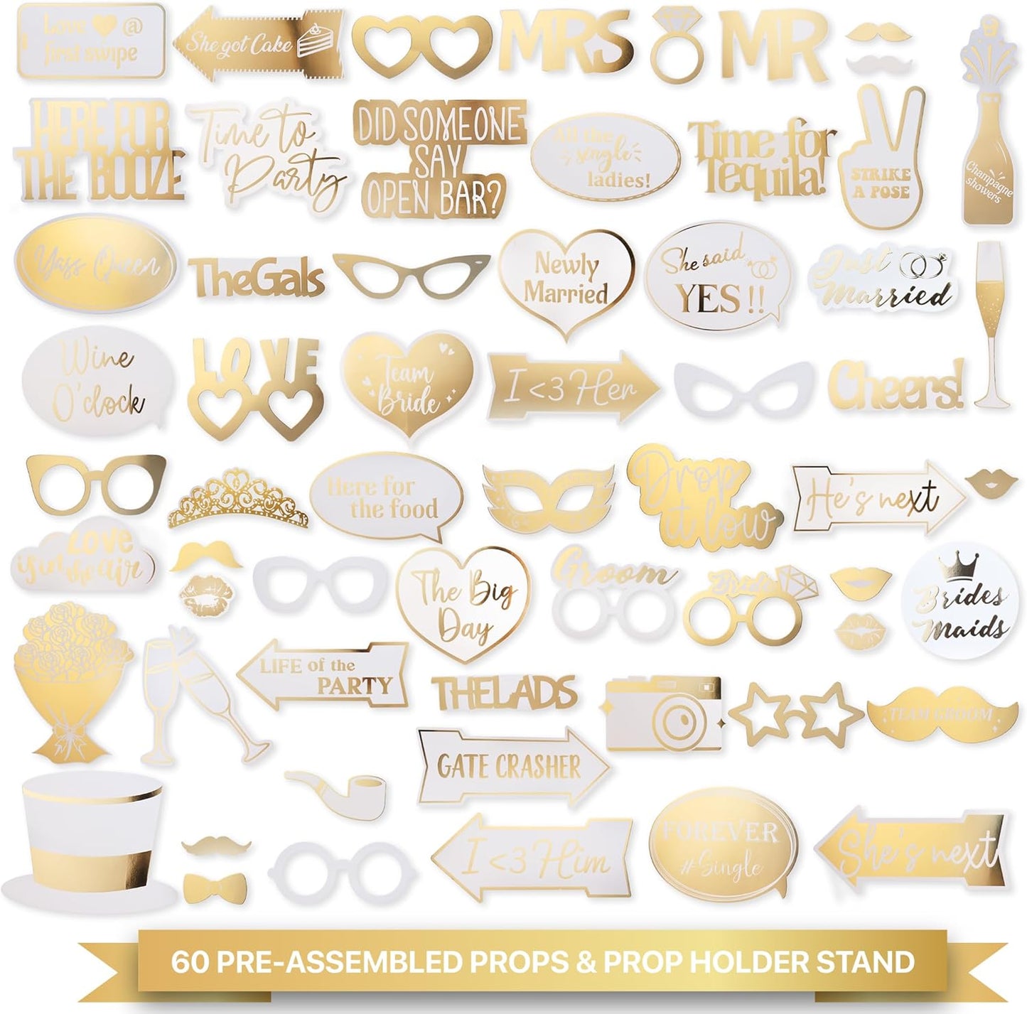SOUL SHIFT 60PCs Fully Assembled Wedding Photo Booth Props - Prop Stand - Gold Signs - Elegant Wedding & Reception Party Supplies- Funny Wedding Props -Gold Foil Print – Bridal PhotoBooth