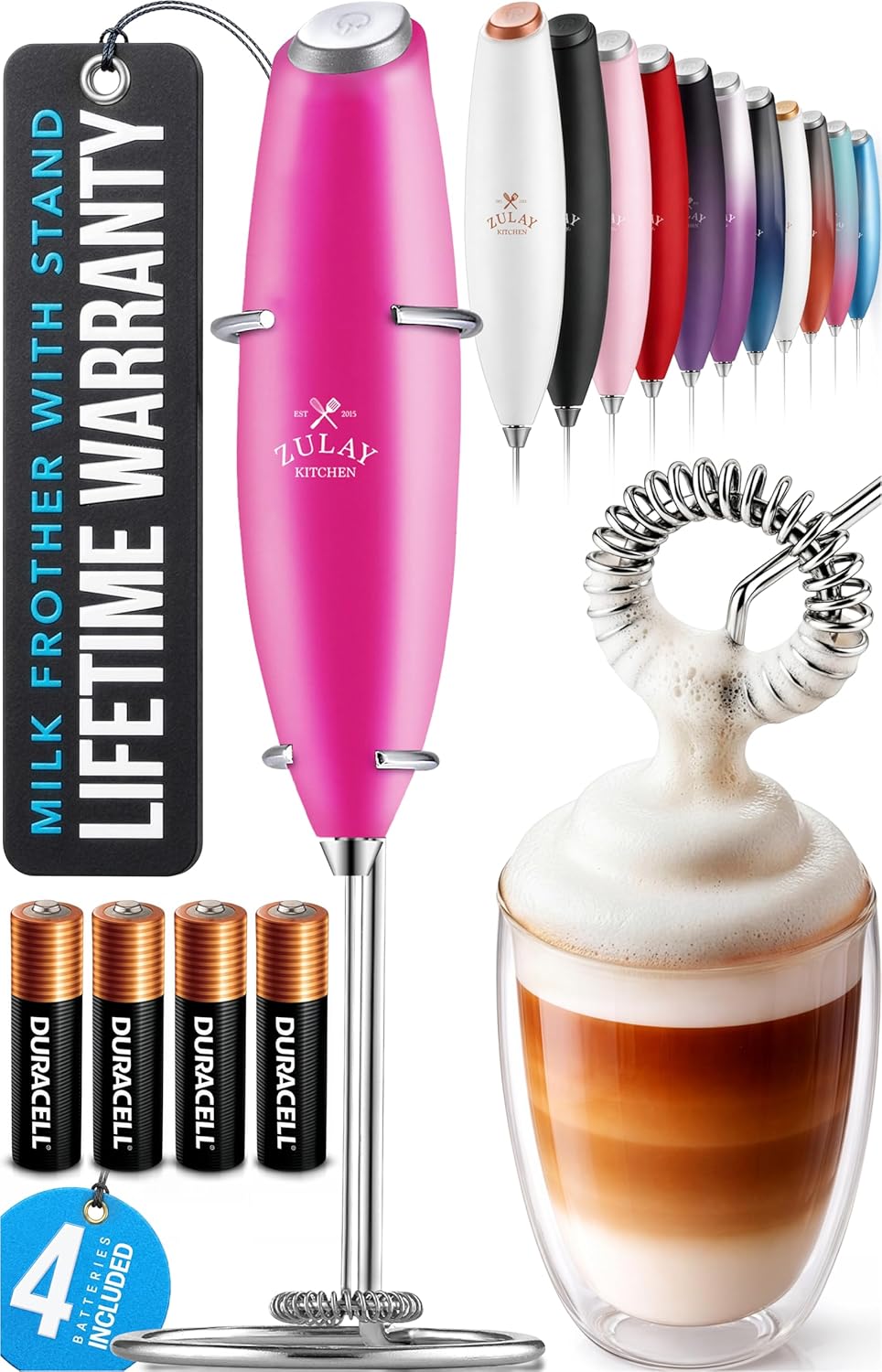 Zulay Kitchen Powerful Milk Frother Wand With Duracell Batteries - Ultra Fast Handheld Drink Mixer - Electric Whisk Foam Maker for Coffee, Lattes, Cappuccino & Matcha - Z1 Motor - Black - Colors A