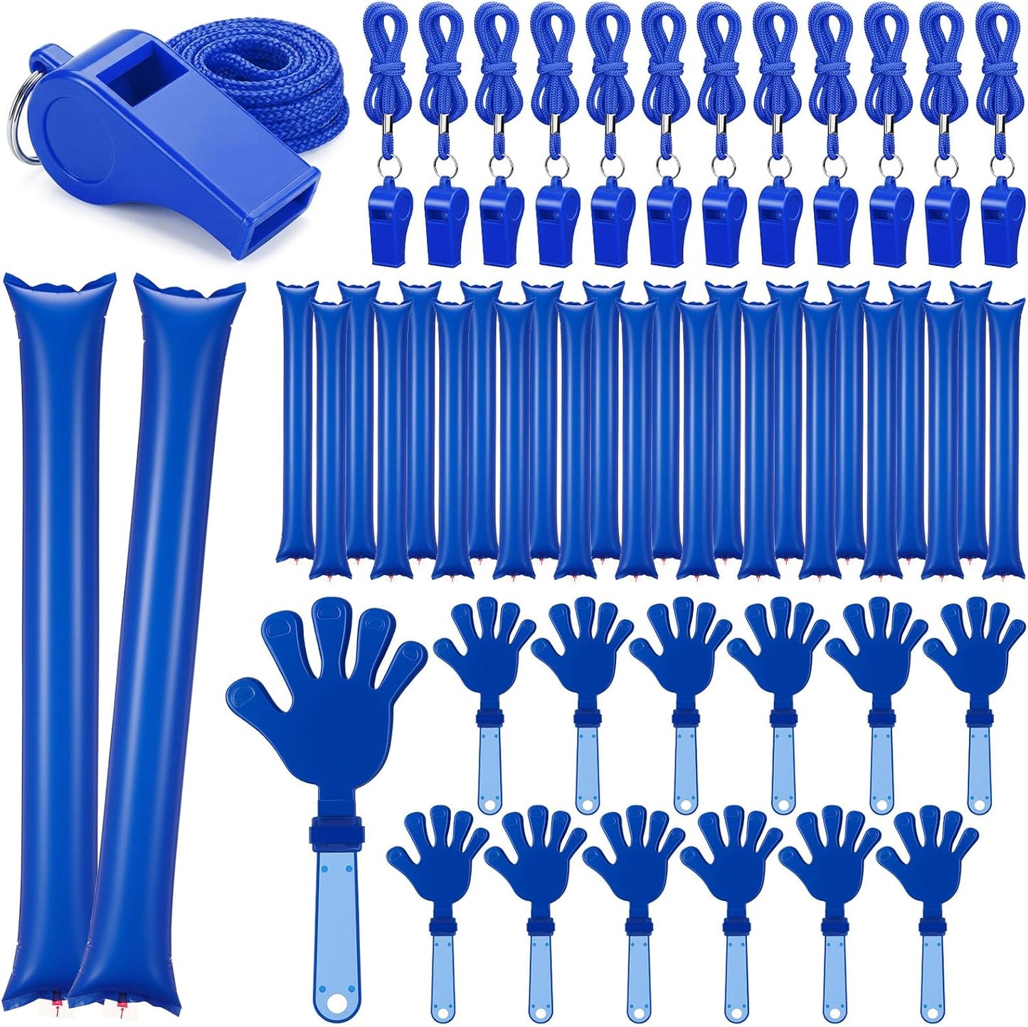 48 Pcs Cheering Noisemakers Set Included 12 Pcs Mini Air Horns Noisemakers 12 Hand Clappers 24 Thunder Sticks for Birthdays Sporting Events (Horn,Blue)