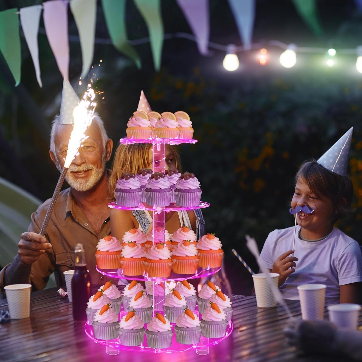 YestBuy Cupcake Stand with Yellow Led Lights, 4 Tier Cupcake Stand for 50 Cupcakes, Acrylic Cupcake Tower Stand, Clear Tiered Cupcake Holder for Birthday Cady Bar Décor Weddings, Parties Events