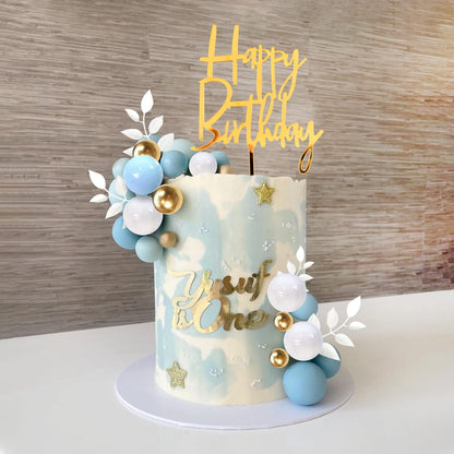 Khaki Balls Cake Topper Boho Grass Cake topper Khaki White Gold Pearl Balls Happy Birthday Cake Decorations for Wedding Birthday Boho Themed Supplies (Khaki)
