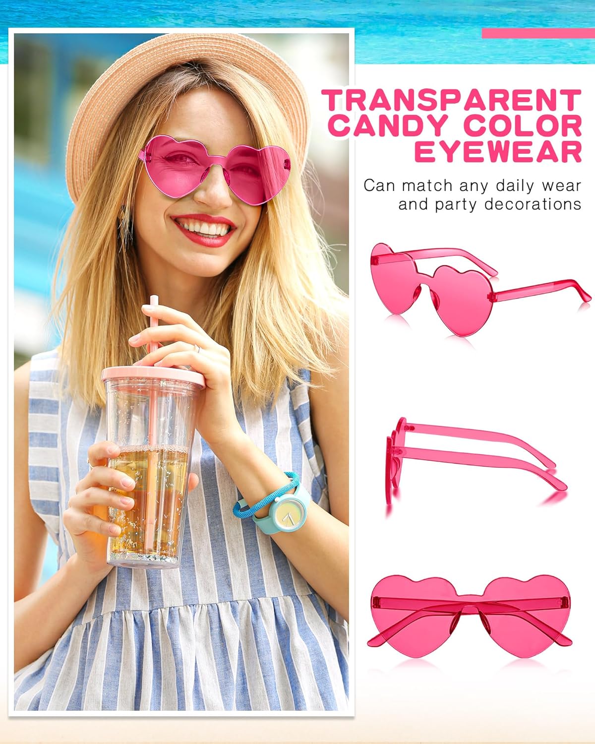 Frienda 20 Pairs Heart Shaped Sunglasses Rimless Candy Color Glasses for Women Men Party Favor