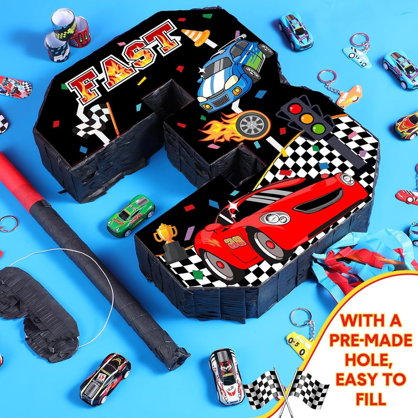 Pasimy Number 3 Piñata Race Car Party Favors Set with Black Red Birthday Piñata Stick Blindfold Slap Bracelet Keychain Sticker Racecar Party Gifts Birthday Decorations Goodie Bag Stuffer Supplies