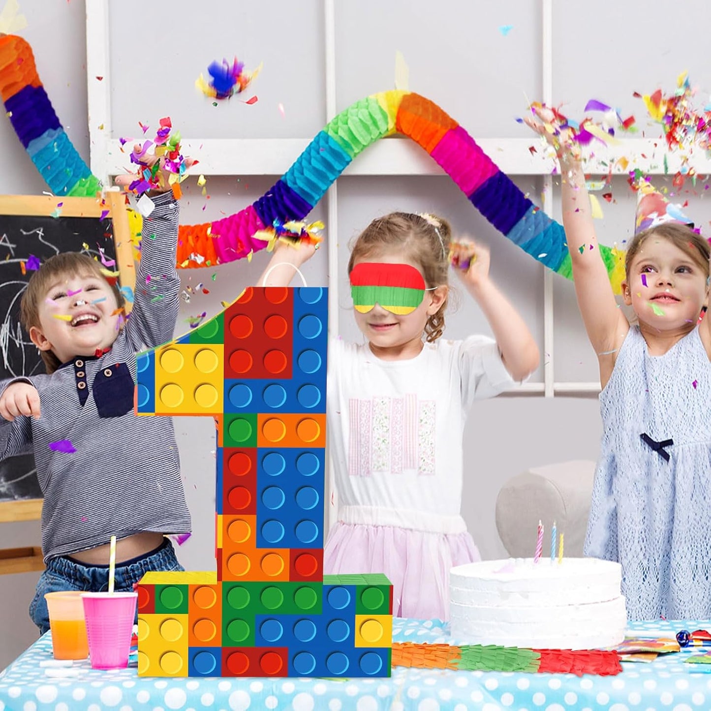 Number 7 Pinata Building Blocks with Pinata Stick Blindfold 7th Birthday Party Decorations Happy Birthday Building Block Theme Anniversary Party Supplies for Kids (Small, 16 x 10.6 x 3 in)