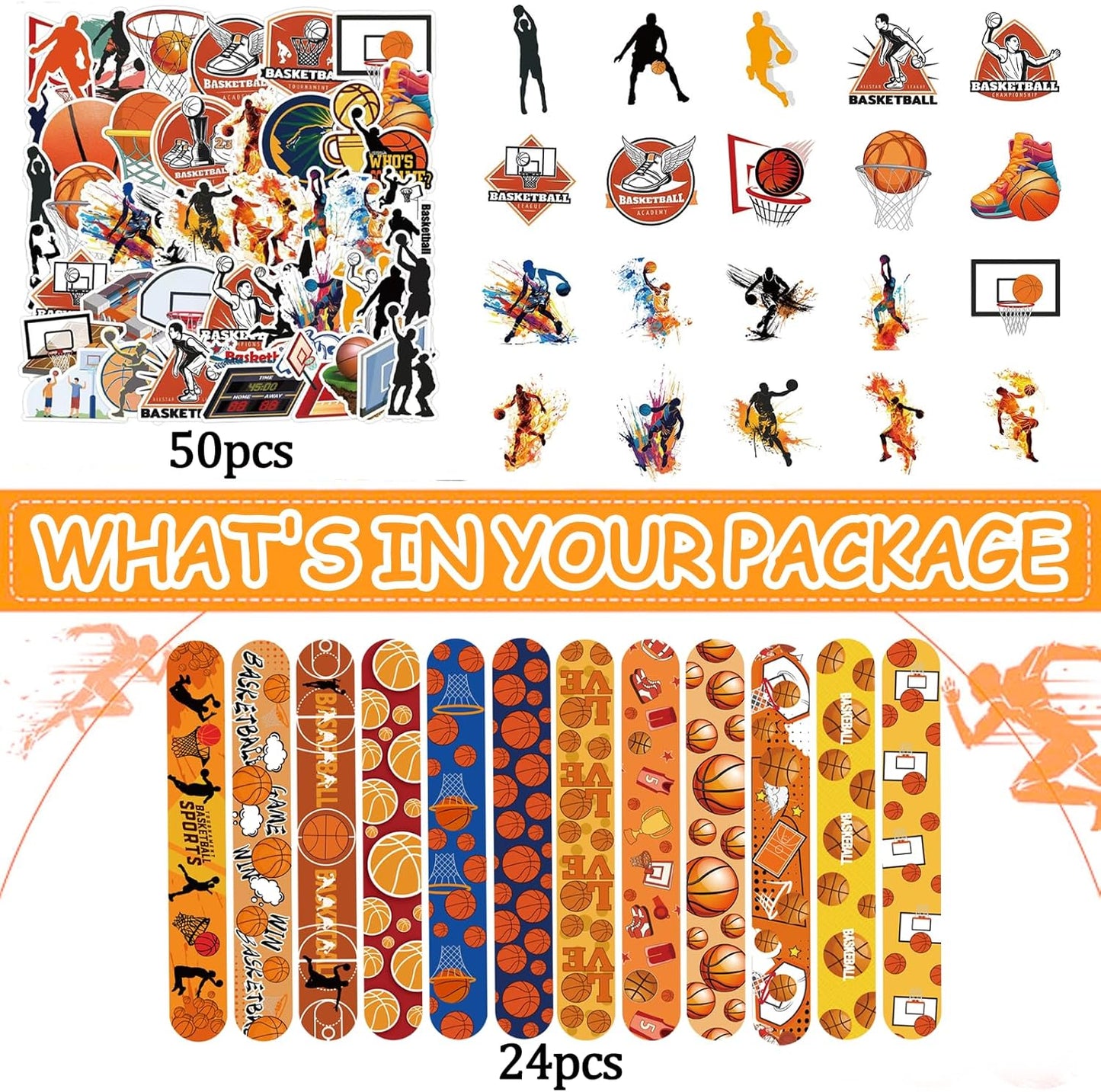CZWXOXO Basketball Theme Party Favors 24 Pcs Ball Theme Slap Bracelets 50 Pcs Sport Theme Stickers，Party Team Gift Fillers School Classroom games Rewards Supplies