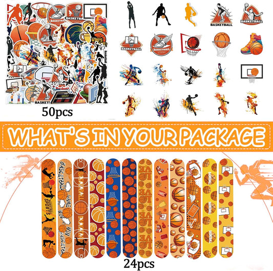 CZWXOXO Basketball Theme Party Favors 24 Pcs Ball Theme Slap Bracelets 50 Pcs Sport Theme Stickers，Party Team Gift Fillers School Classroom games Rewards Supplies