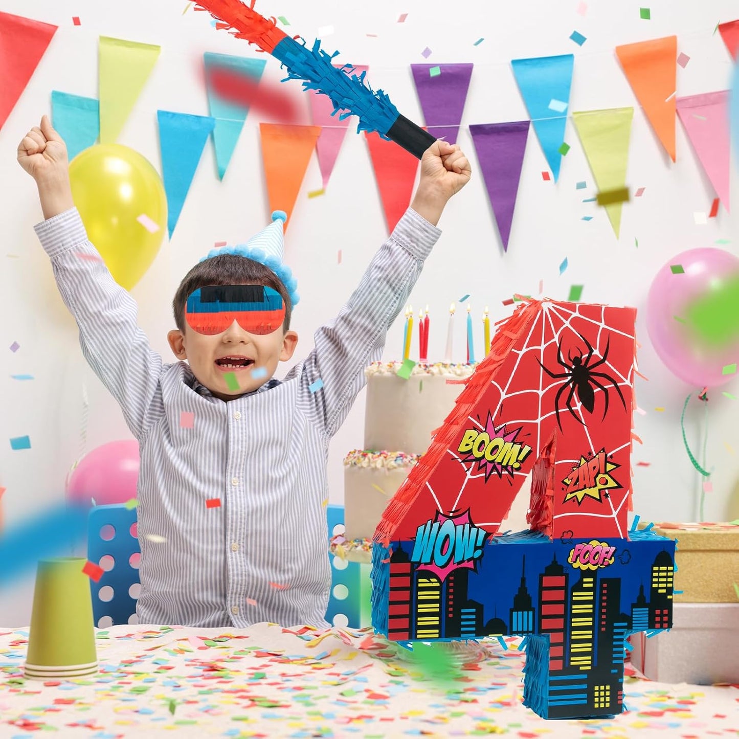 Number 4 Spider Pinata Bundle with 16 Inch Piñata Stick Blindfold Confetti for Hero Birthday Party Decoration Anniversary Celebration Gift Spider Party Favors for Kids, 16 x 11.6 x 2.4 Inch