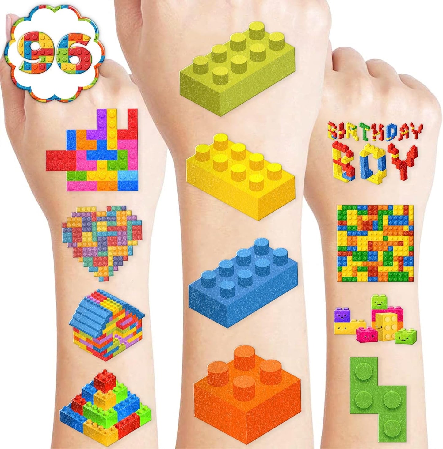 96PCS Building Block Pre-Cut Temporary Tattoos - Cute Party Favors for Kids, Boys & Girls | Birthday Party Supplies, Decorations, Stickers, Gifts, Classroom & School Prizes (Normal)