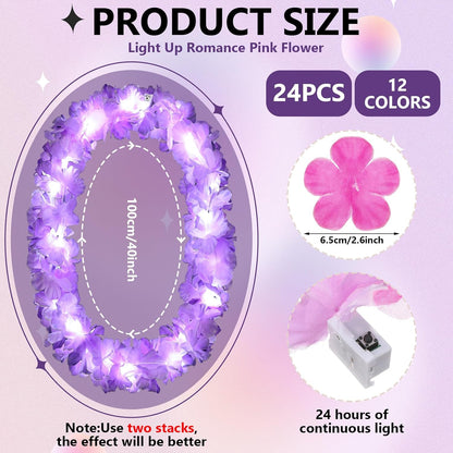 Sherr 24 Pcs LED Leis Light Up Purple and Gold Hawaiian Flower Necklaces, Graduation 2026 Party Supplies, Class of 2026 Leis for Beach Wedding Luau Glow Party Favors