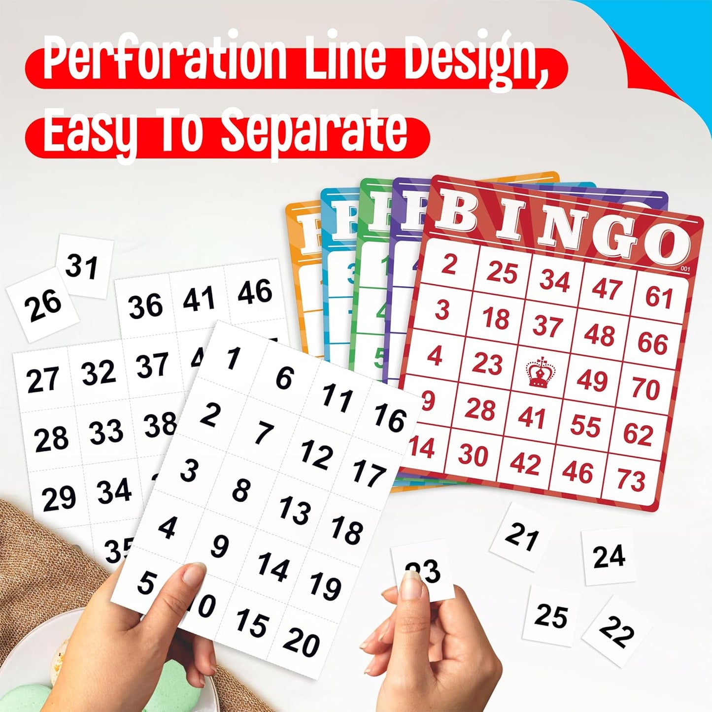 100-Pack Number Bingo Game Cards, Disposable Reusable Multi-Color Paper Sheets for Kids, Numbers 1-75 Bingo Board Game for Parties, School, Classroom, Family Gathering Activity, Travel, Road Trip
