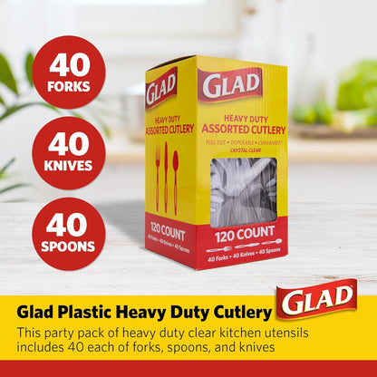 Glad Clear Disposable Cutlery Set with Heavy Duty Plastic Forks, Knives, and Spoons, Reusable Dishwasher Safe Plastic Utensils for Parties and Everyday Use, 240 Count