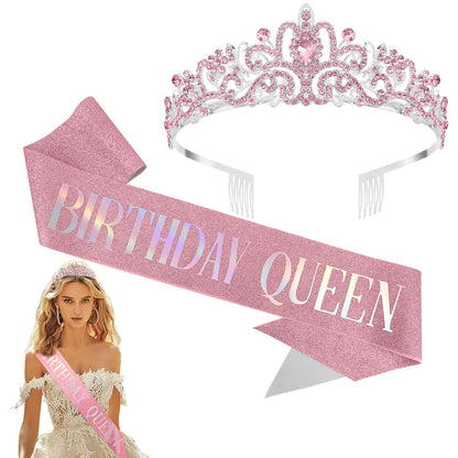 Birthday Sash for Women,Birthday Crown Tiaras for Women,Gold Rhinestone Queen Sash and Crown Tiara Headband for Party Decorations