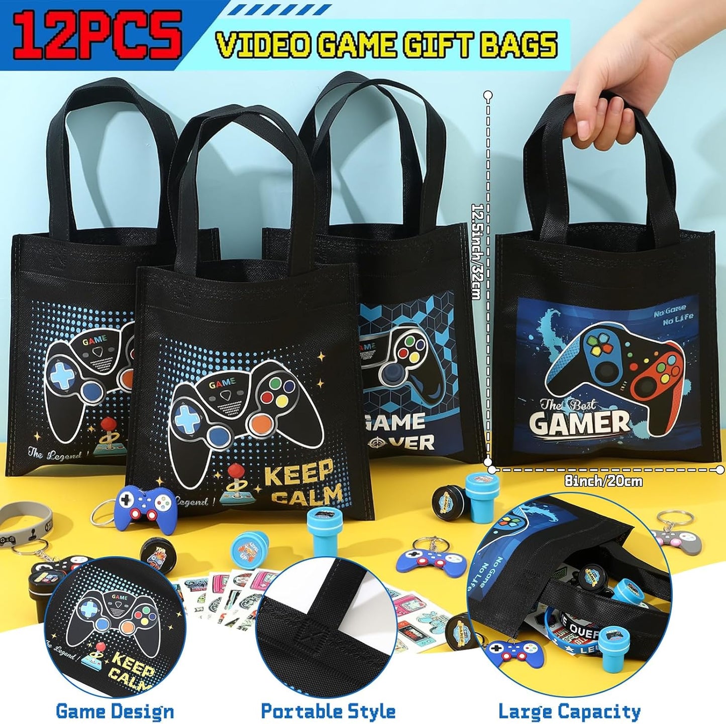 60Pcs Video Game Party Favors Gamer Birthday Party Supplies for Kids Non Woven Bags Silicone Bracelet Stamper Keychain Glow Sticker Game on Gift Goodie Treat Bag Fillers Boy Gaming Party Favors