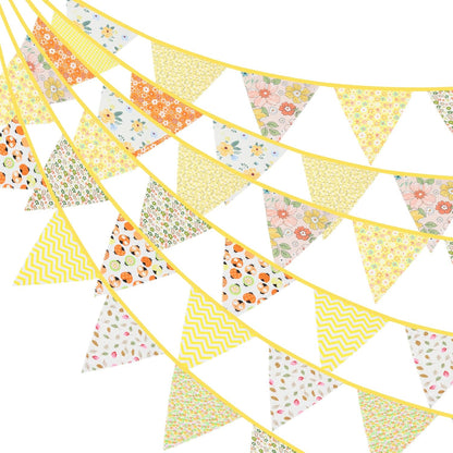 G2PLUS 39Ft Triangle Bunting Banner, 42Pcs Pink Floral Garland Pennant Banner, Reusable Cotton Triangle Flags Party Decoration for Birthday, Wedding, Garden Tea Party, Baby Shower, Room Decor