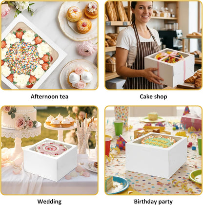 Moretoes 2 Pack Cake Boxes 10 Inch with Boards, 10x10x5 Inches White Cake Carrier Bakery Containers, Disposable Bakery Boxes for Valentine's Day Mother's Day for Cake Cupcake Cookie Pie Pastry