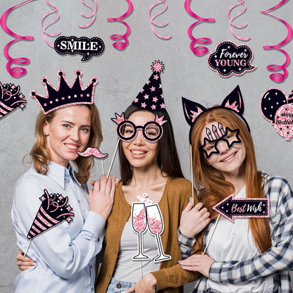 36 PCS Birthday Photo Booth Props Party Supplies Holiday Picture Decorations Photo Booth Props for Birthday Party Favors Pose Sign Kit Fun for Party (Purple and Black)