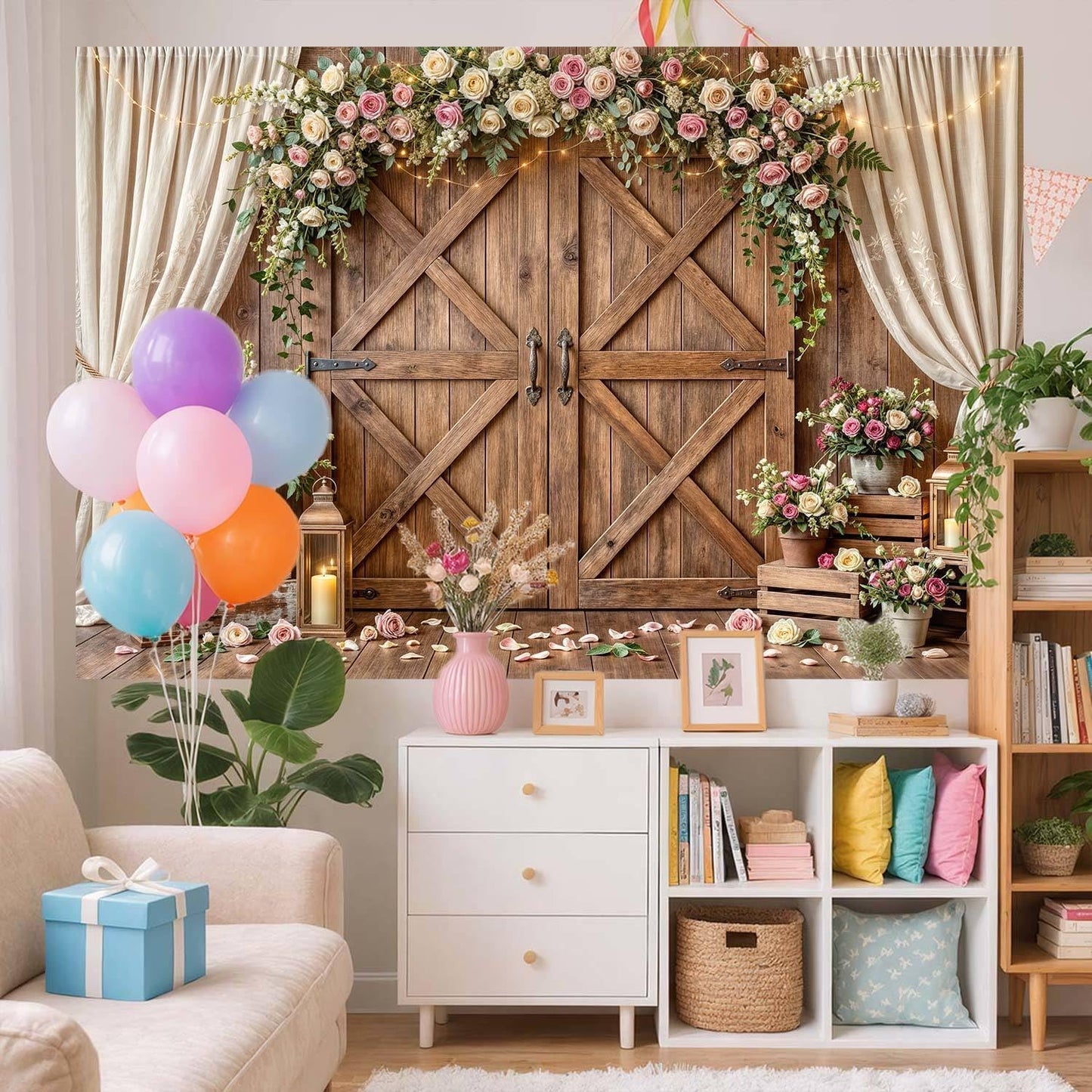 10x8ft Country Wedding Photography Backdrop Rustic Barn Door Photography Backdrop Farmhouse Pink Flower Cabin Wooden Birthday Baby Shower Wedding Bridal Party Banner Photo Booth Props Background