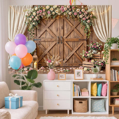 10x8ft Country Wedding Photography Backdrop Rustic Barn Door Photography Backdrop Farmhouse Pink Flower Cabin Wooden Birthday Baby Shower Wedding Bridal Party Banner Photo Booth Props Background