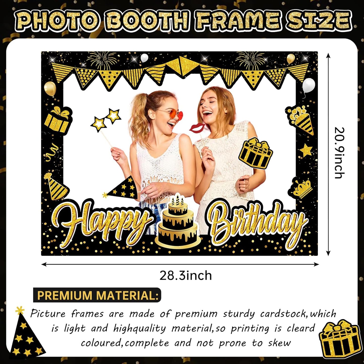 Turypaty Birthday Party Decorations for Boys & Girls - Black & Gold Photo Booth Props & Selfie Frame Set