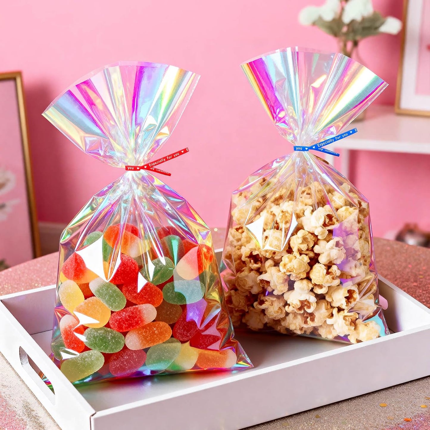 5x7 Inch Iridescent Cellophane Treat Bags with Twist Ties, Treat Bags for Candy Cookie Goodie Chocolates, And Popcorn