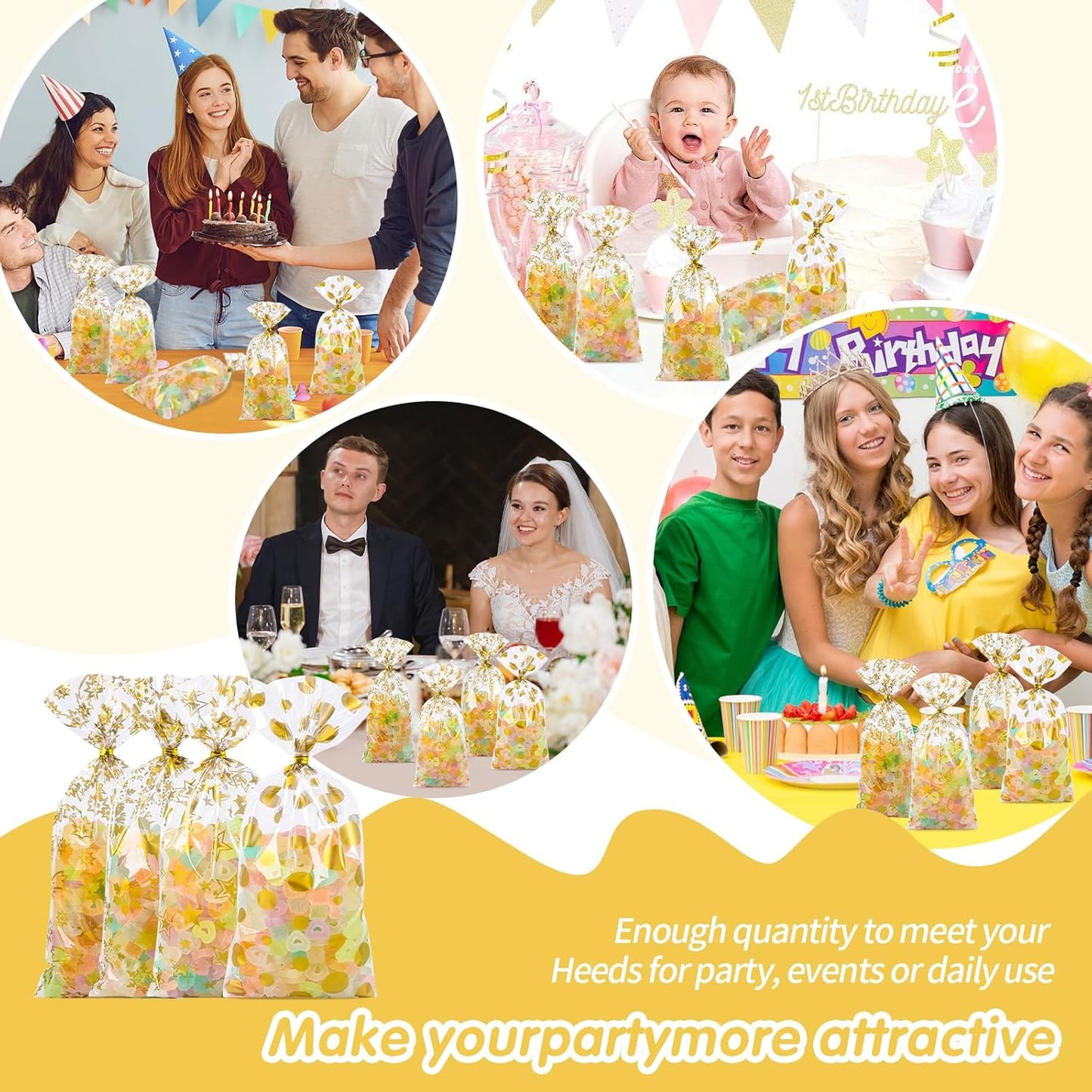 100 Pcs Star Printed 5"X 7" Gift Wrap Cello Cellophane Treat Bags Party Favor bags Clear Candy Cookie Bag Plastic Poly Goodie Storage Bag with Twist Ties for Bakery,Birthday, Wedding ,Party Decorations (Gold)
