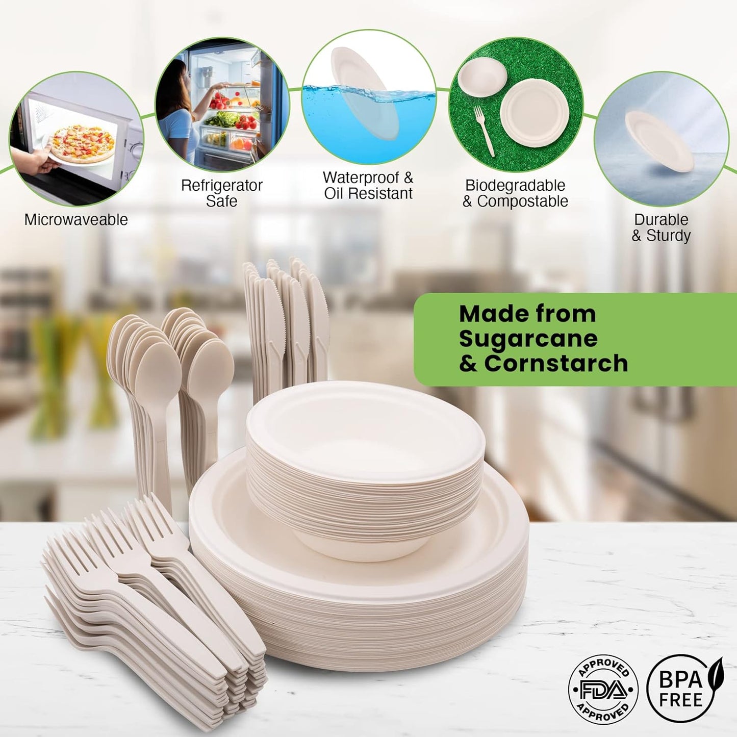 250 Piece Biodegradable Paper Plates Set (EXTRA LONG UTENSILS), Disposable Dinnerware Set, Eco Friendly Compostable Plates & Utensil include Plates, Forks, Knives and Spoons for Party