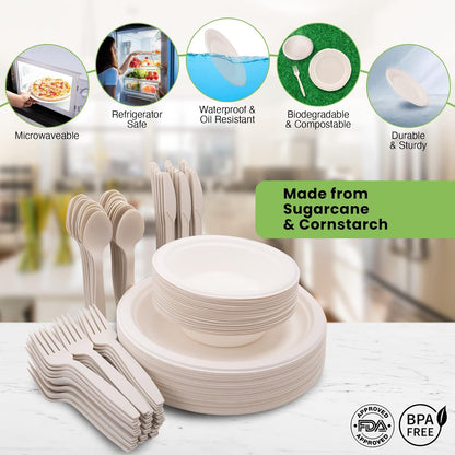 250 Piece Biodegradable Paper Plates Set (EXTRA LONG UTENSILS), Disposable Dinnerware Set, Eco Friendly Compostable Plates & Utensil include Plates, Forks, Knives and Spoons for Party