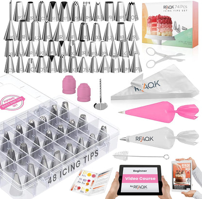 RFAQK 74 PCs Icing Piping Bags and Tips Set, Cake Decorating Kit with 48-Numbered Piping Tips, Anti Burst Pastry Bags for Cookie Cupcake Cake Decoration, Cake Decorating Tips Set with Booklet & E-book
