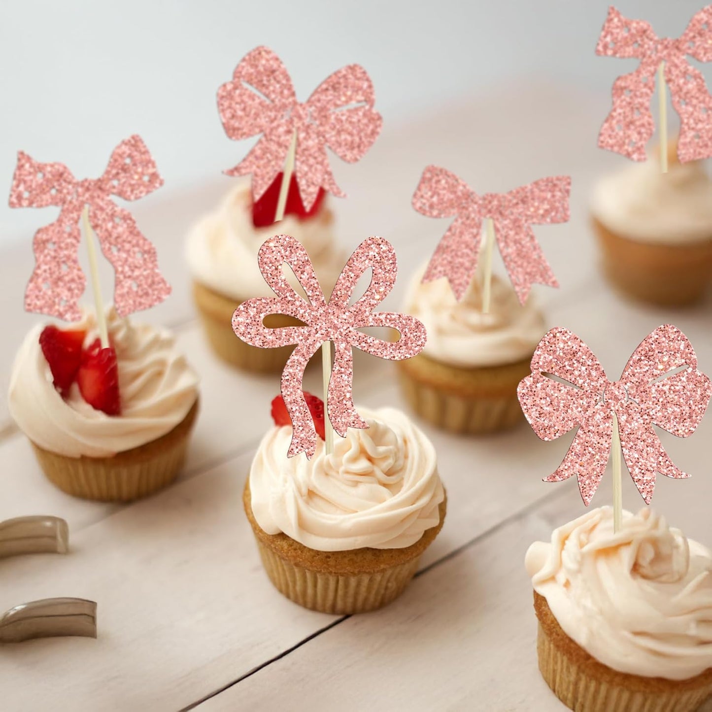 Ephlyn 24Pcs Pink Bow Cupcake Toppers Bow Birthday Cake Topper Girls Birthday Party Decorations Bowknot Cupcake Decorations for Bridal Wedding Themed Party Multi