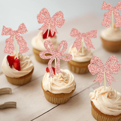 Ephlyn 24Pcs Pink Bow Cupcake Toppers Bow Birthday Cake Topper Girls Birthday Party Decorations Bowknot Cupcake Decorations for Bridal Wedding Themed Party Multi