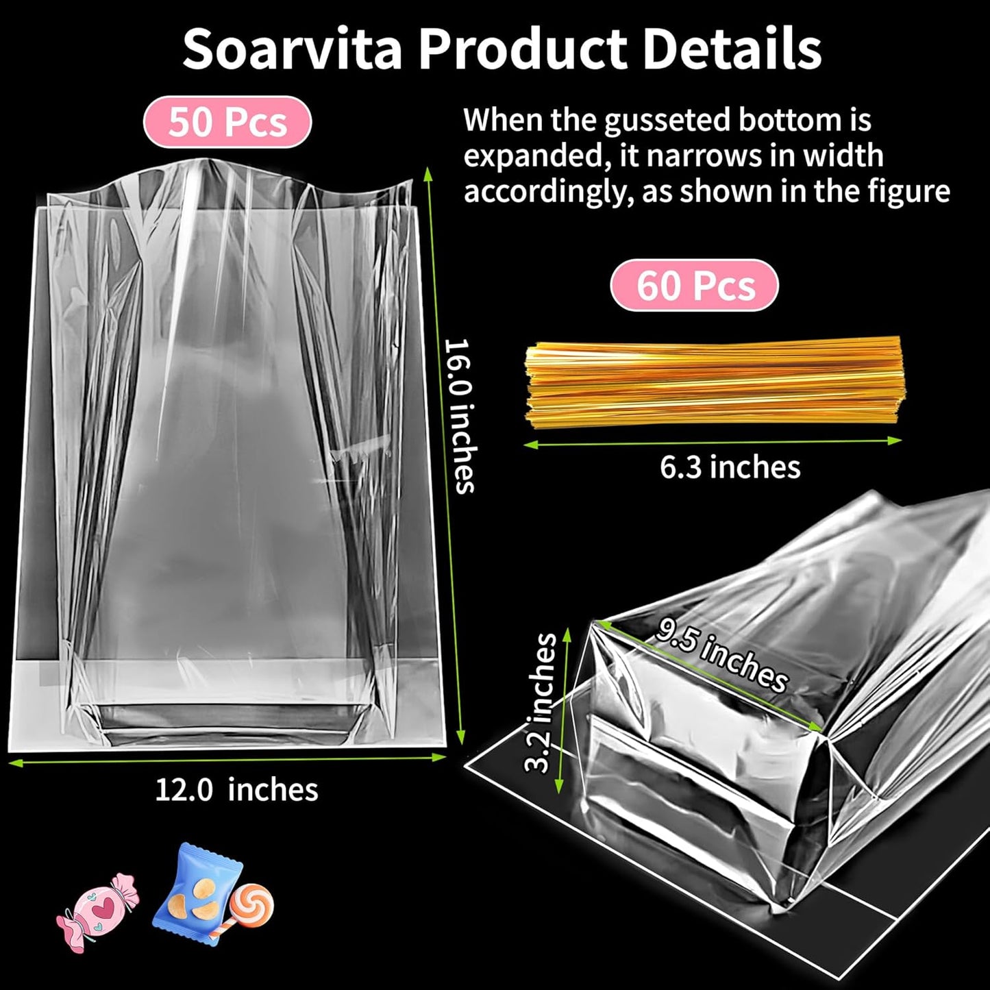 Soarvita 7x10 Inch Cellophane Treat Bags, 50 Pcs Clear Gift Bags with Bottom Gusset for Stand-Up Display, Cellophane Gift Wrap with 60 Gold Ties for Goodies, Treats, Candy, Party Favors, Toys