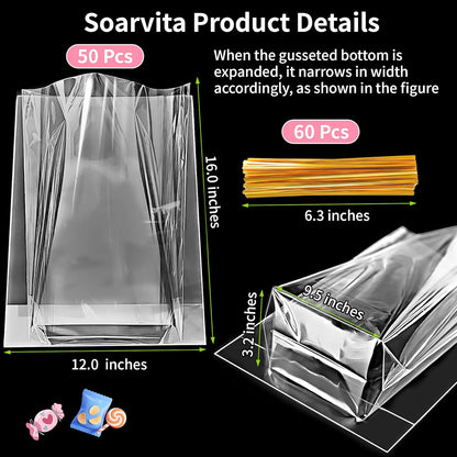 Soarvita 7x10 Inch Cellophane Treat Bags, 50 Pcs Clear Gift Bags with Bottom Gusset for Stand-Up Display, Cellophane Gift Wrap with 60 Gold Ties for Goodies, Treats, Candy, Party Favors, Toys