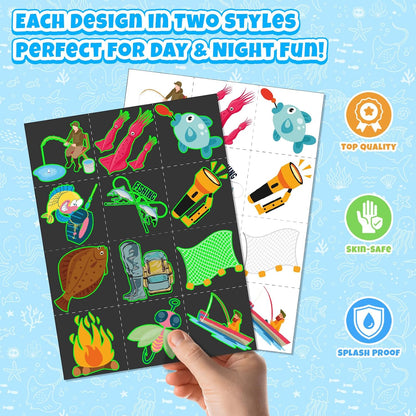 96 PCS Fishing Party Favors Set – 72 Pre-Cut Temporary Tattoos & 24 Slap Bracelets for Kids, Perfect for Outdoor Birthday Parties, Camping Adventures & Classroom Rewards