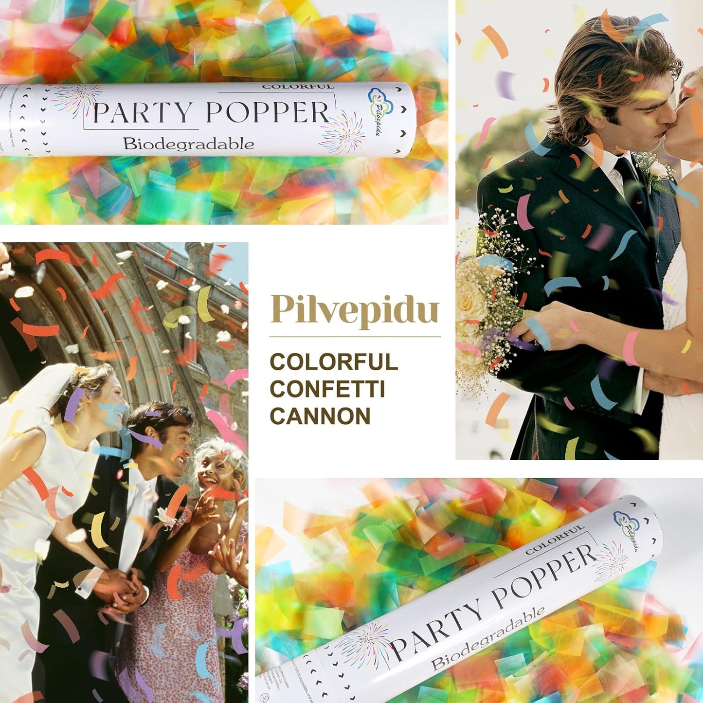 White Mix Gold Rice Confetti Cannon,6Pack Biodegradable Mulitcolor Confetti Poppers Party Shooters,12inch Party Poppers For Lawns Wedding,Birthday,Celebrations,Photo Shoots and New Years.