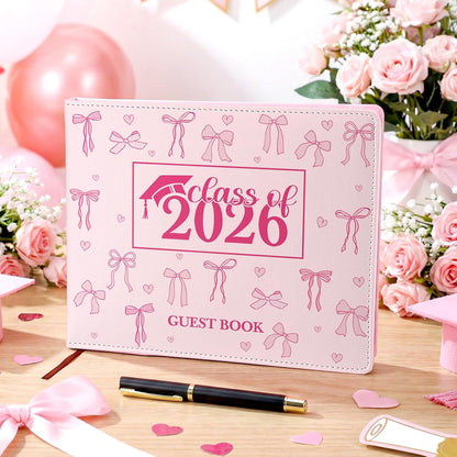 Patelai Pink Bow Graduation Guest Book Class of 2026 Party Decorations Leather Graduation Guest Signature Party Sign Gift with Pen, 112 Pages (Congrats Grad)