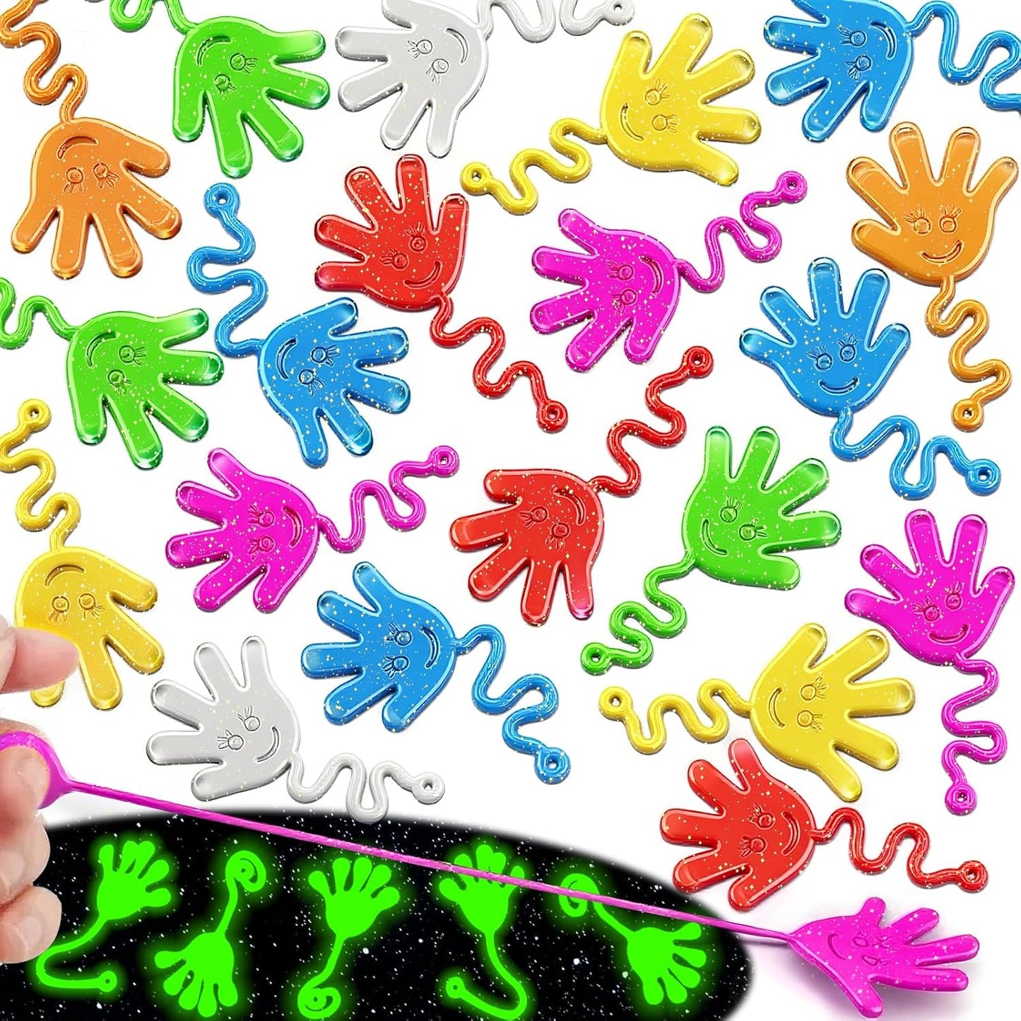 Armaytoy 20Pack Glow in Dark Glitter Sticky Hands Party Favors for Kids Pinata Goodie Bag Stuffers Classroom Prizes Birthday Stretchy Treat Trinkets Treasure Box Bulk Toys