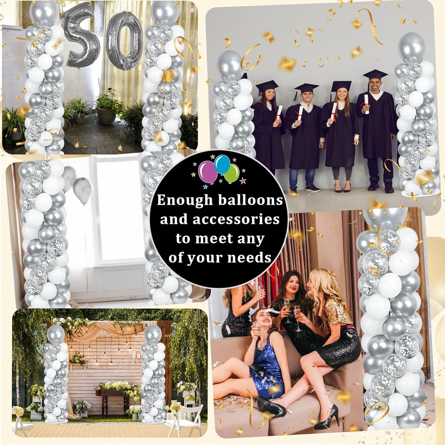 2 Set Black and Gold Balloons Column Stand Kit with 100 Balloons Adjustable Balloon Stand with Bases for Floor Black Gold Confetti Balloon Column Kit for Bridal Shower Valentine Birthday Party Decor