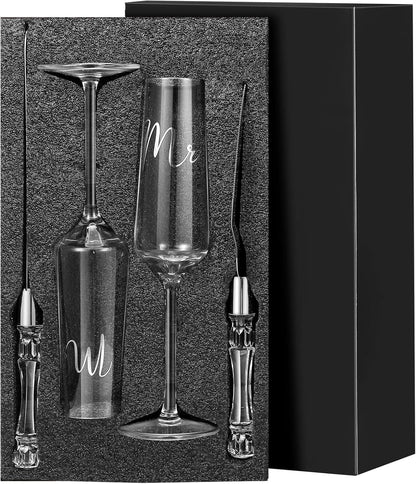 Boao 4 Pieces Wedding Toasting Flutes and Cake Server Set Wedding Reception Supplies Champagne Glasses Cake Knife Pie Server (Gold,Classic)