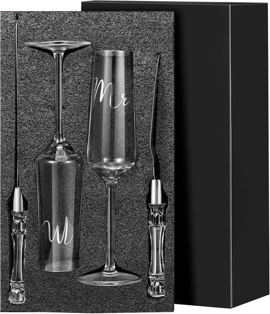 Boao 4 Pieces Wedding Toasting Flutes and Cake Server Set Wedding Reception Supplies Champagne Glasses Cake Knife Pie Server (Gold,Classic)