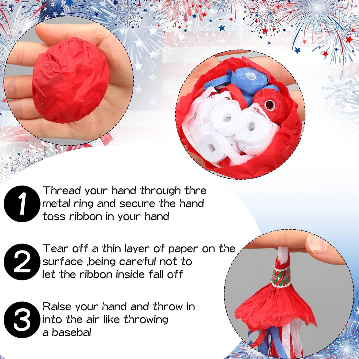 Soulchen 24 Pack 4th of July No Mess Confetti Popper Hand Throw Streamer Popper Bulk Red Blue White Confetti for 250th Anniversary Celebration Independence Day Patriotic Party Supplies Decorations