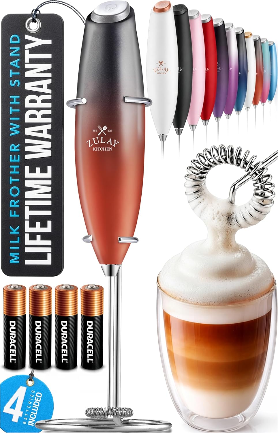 Zulay Kitchen Powerful Milk Frother Wand With Duracell Batteries - Ultra Fast Handheld Drink Mixer - Electric Whisk Foam Maker for Coffee, Lattes, Cappuccino & Matcha - Z1 Motor - Black - Colors A