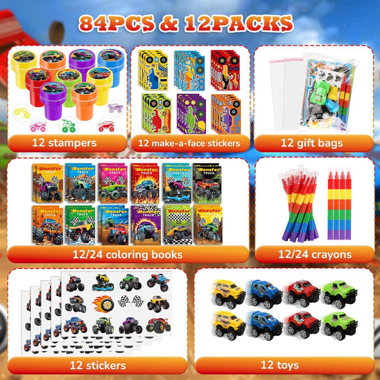 BenLouis 84Pcs Monster Truck Party Favors Truck Car Theme Coloring Books Crayons Sticker Set Bulk for Kids Racing Wheels Birthday Decor Goodie Bag Stuffer Classroom Rewards Craft Pinata Supplies