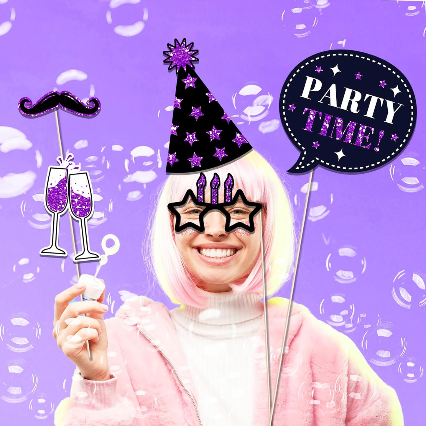 36 PCS Birthday Photo Booth Props Party Supplies Holiday Picture Decorations Photo Booth Props for Birthday Party Favors Pose Sign Kit Fun for Party (Purple and Black)