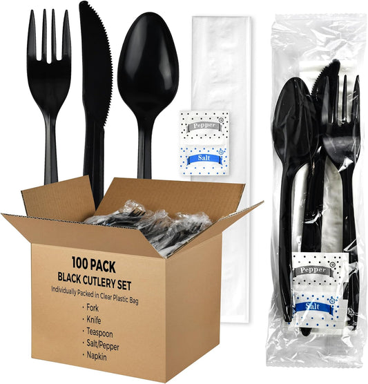 KitchenDine 100 Pack Medium Weight Wrapped white Plastic Cutlery Pack with Napkin and Salt/Pepper Packets (White)