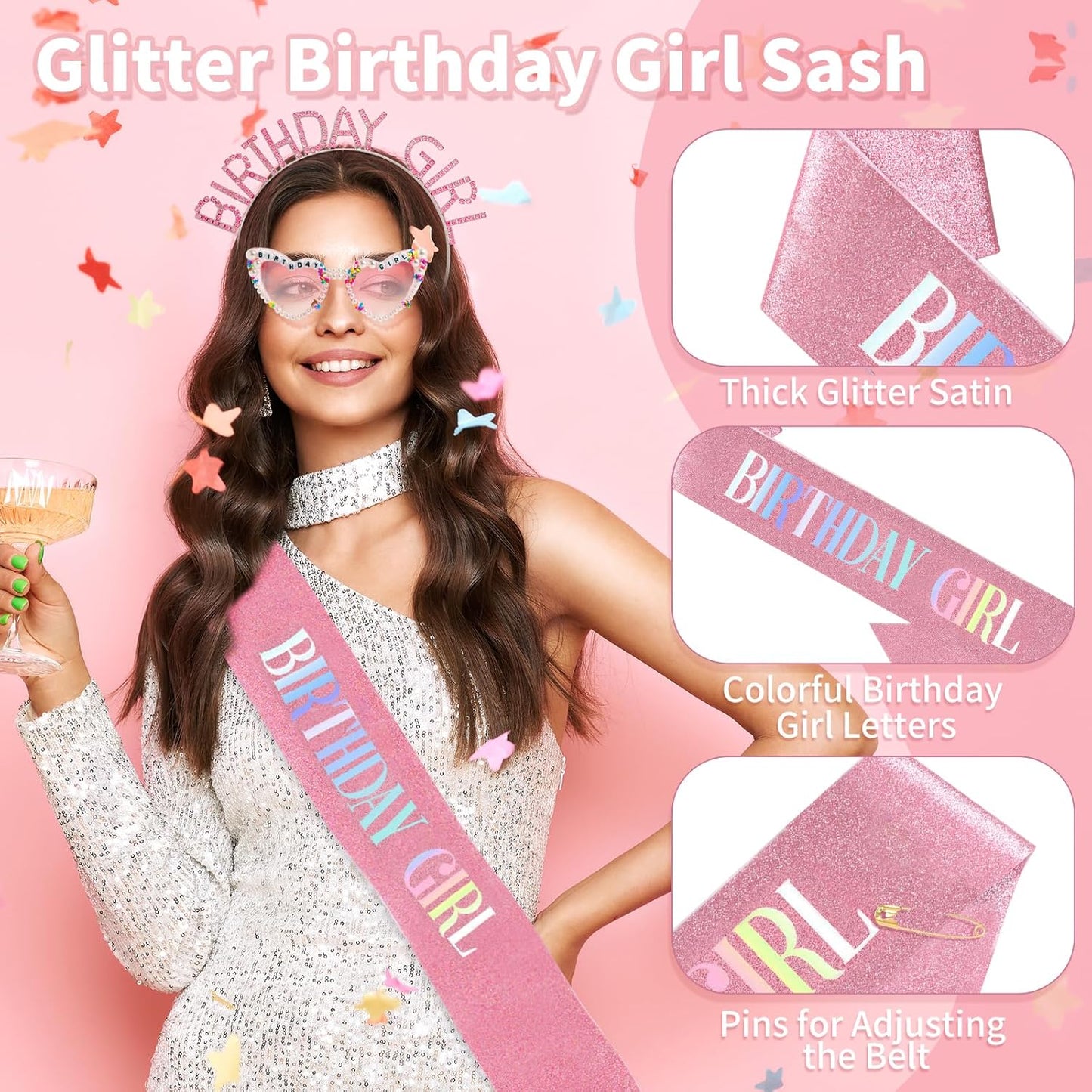3Pcs Birthday Girl Sash Headband Set-Birthday Sash Tiara and Crown Sunglasses for Girls Women