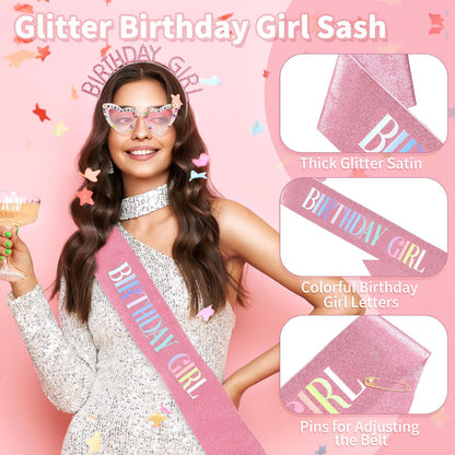 3Pcs Birthday Girl Sash Headband Set-Birthday Sash Tiara and Crown Sunglasses for Girls Women
